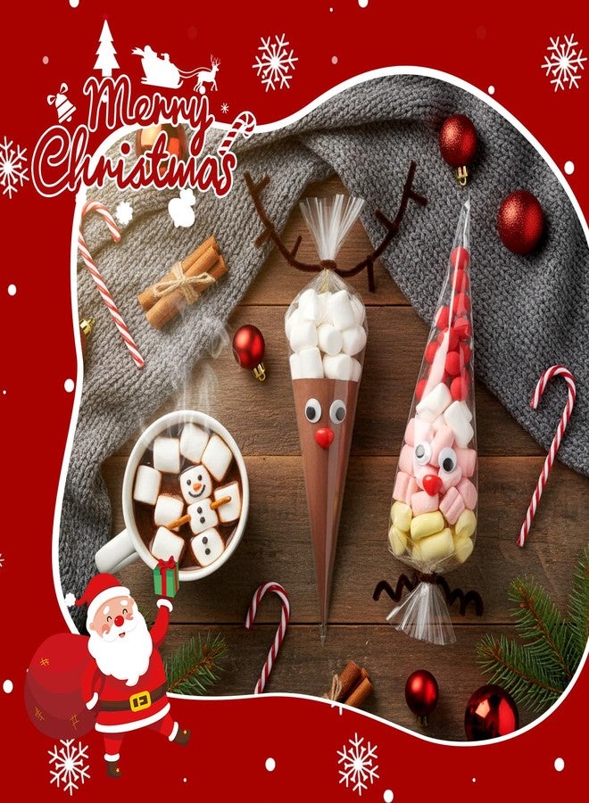 Resholder 300 Pcs Christmas Reindeer Cone Cellophane Bags Kit DIY 7.1x14.6 Inch Clear Cone Shaped Treat Bag with Pipe Cleaner Wiggle Eyes Nose for Popcorn Cotton Candy Goodie Cookie Party Favor - Image 5